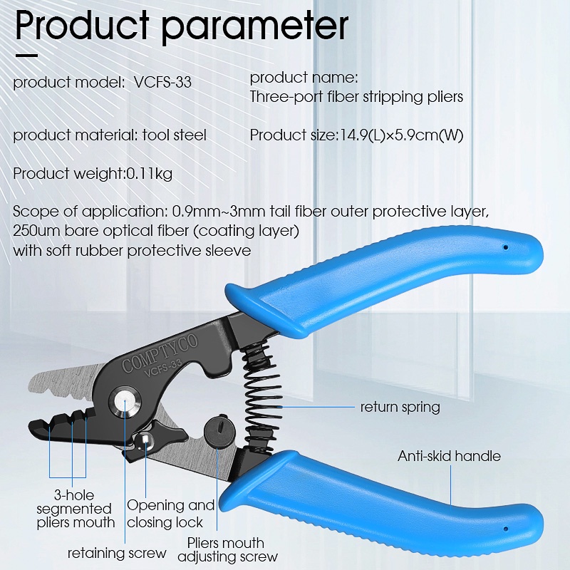 DIY Heavy COMPTYCO Optical Fiber Stripper Optic Cable Clamps Three-Port Pliers VCFS-33 Rubber-Covered Wire Hand Tools - Image 4