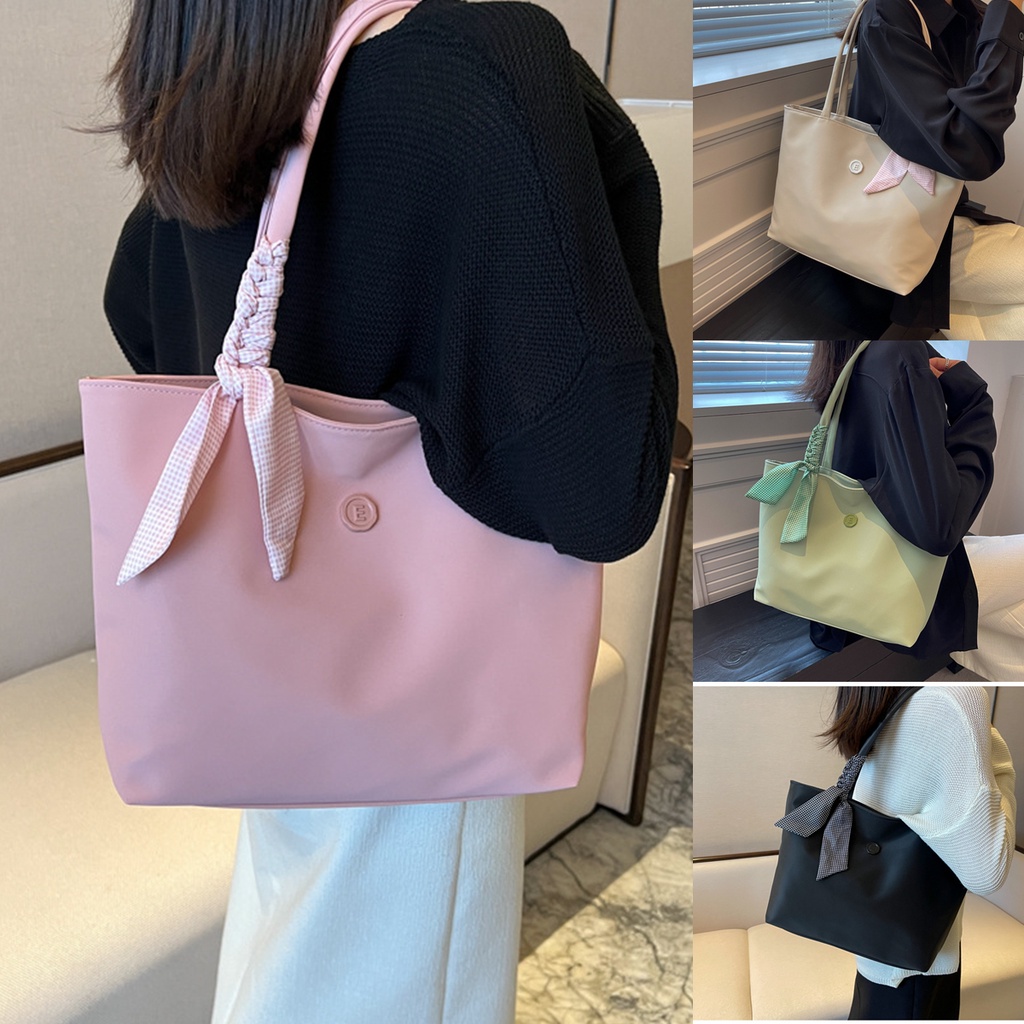 Korean Style Large Capacity Tote Bag for Women Solid Color Simple Armpit bag Ribbon Design Commuting All-match Shoulder Bag Portable Travel Waterproof Handbag