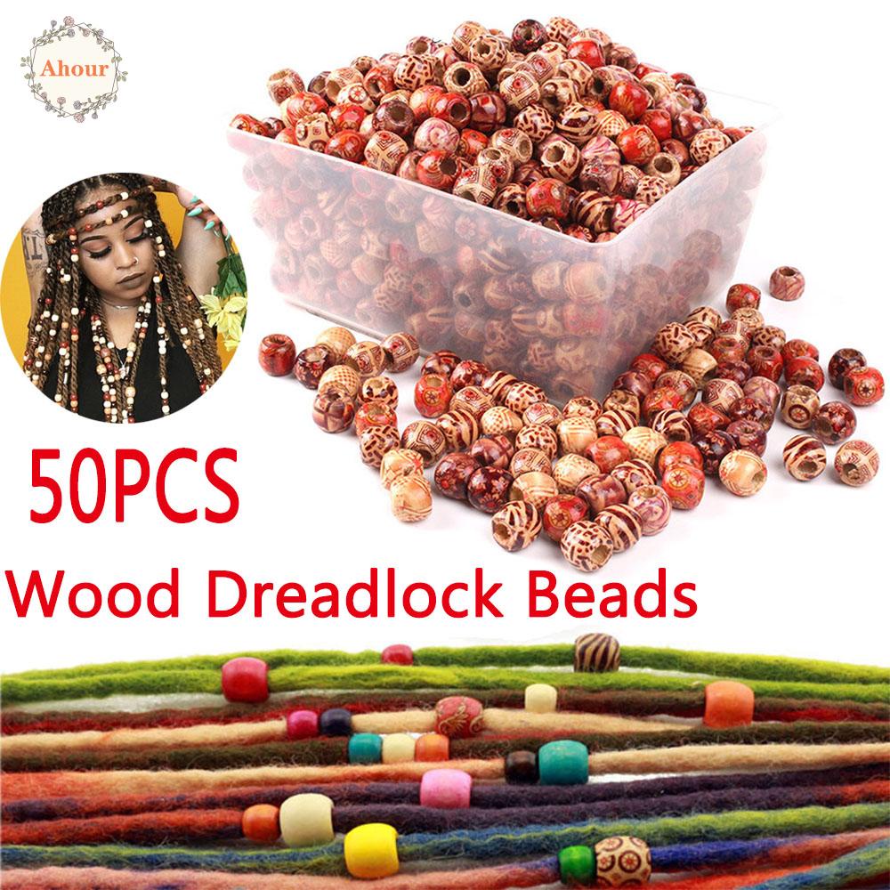 AHOUR 50Pcs Dreadlock Hair Beads African Hair Accessories Braid Hair Extension Hole Wooden DIY Braiding Making Craft Drum Dreadlock Ring Tubes