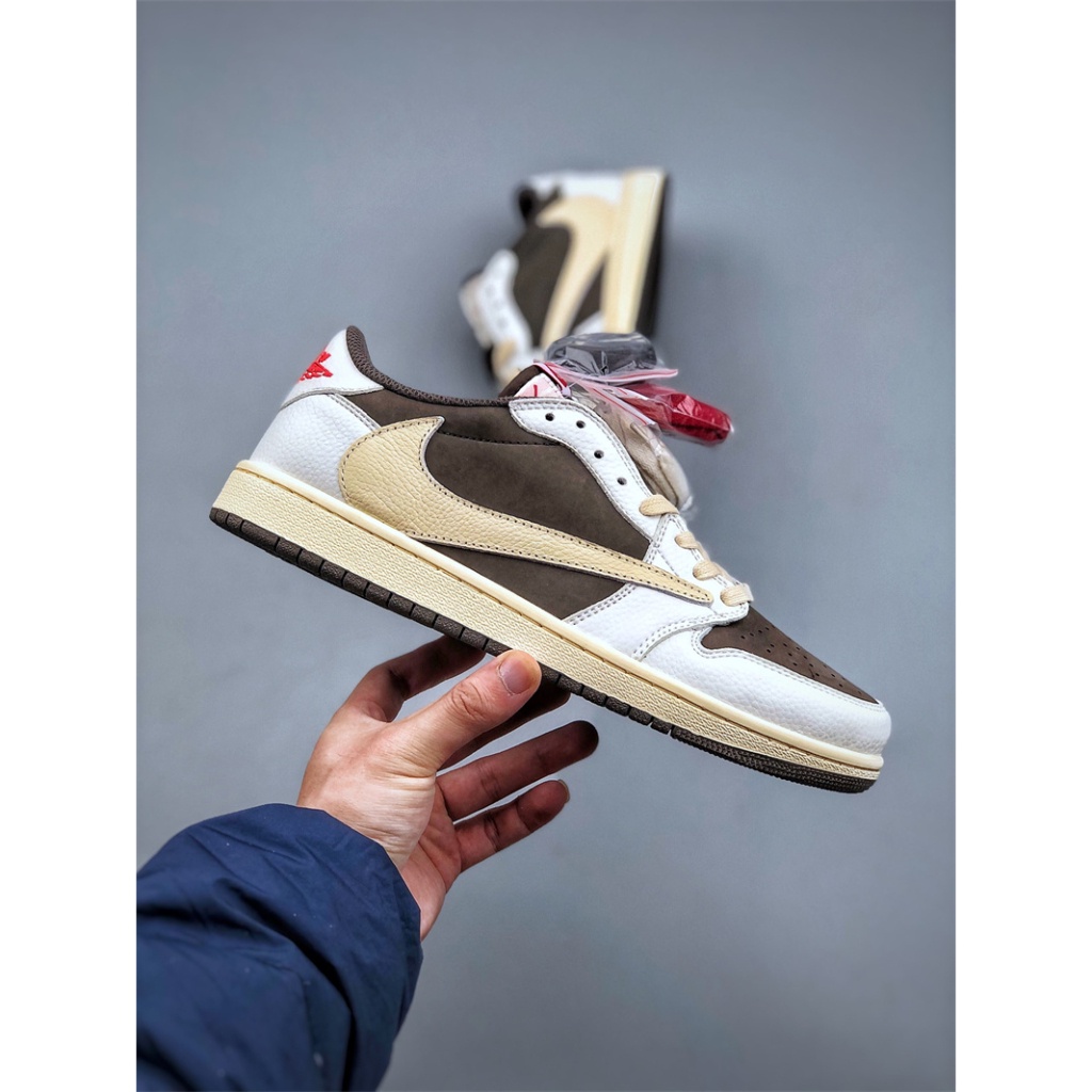 Travis Scott x Air Jordan 1 low OG SP "Sail and Ridgerock" AJ1Gray-brown barb Fashion mocha casual shoes Brown and white