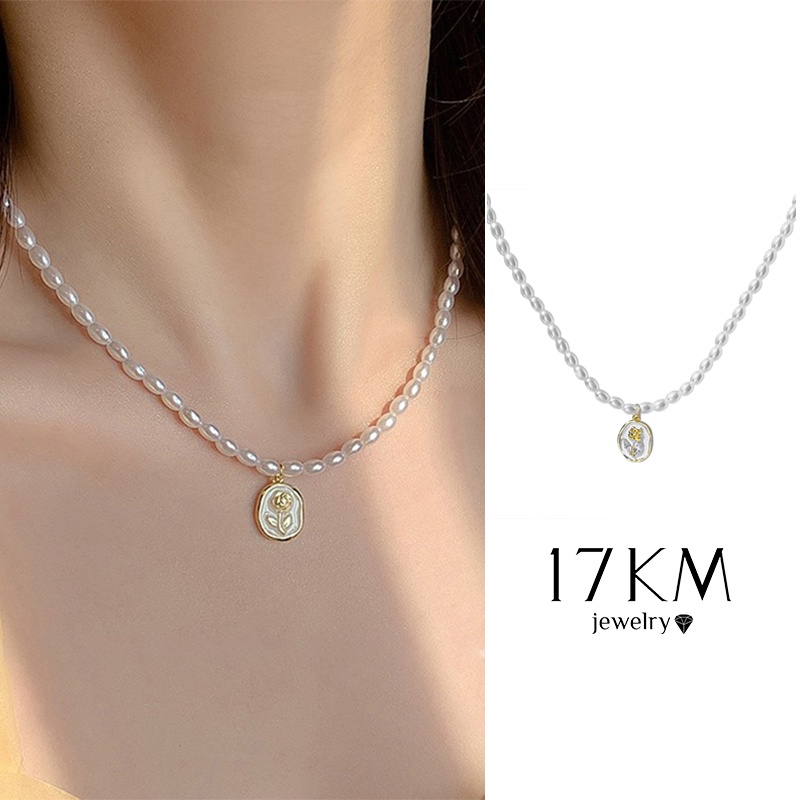 17KM Rose Coin Pendant Necklace for Women Gold Chain Pearl Beads Necklaces Choker Accessories Jewelry