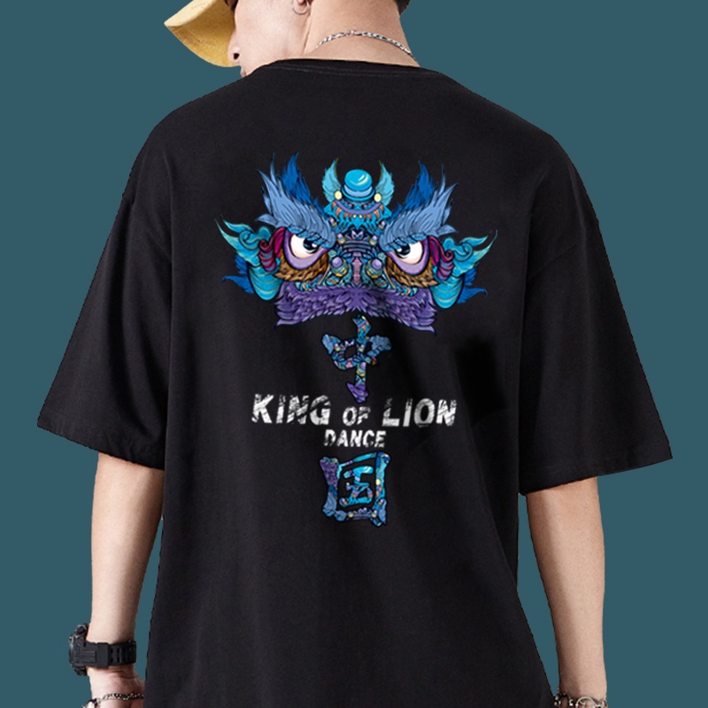 Summer menswear Fashion Chinese Traditional Style Blue Lion Dance Print T-shirt M-5XL Oversized Clothing Men's Round Neck Short Sleeve T-shirt Unisex Loose Black White Couple Shirt