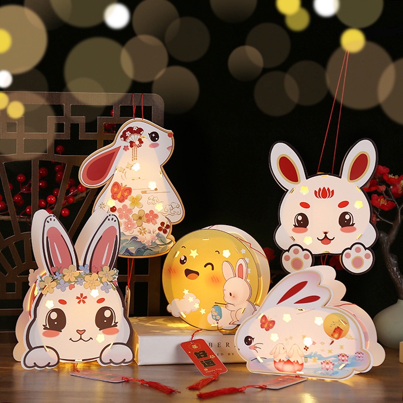 Spring Festival Lantern Children Cartoon Paper Lantern Handmade diy Material Package Kindergarten Portable Luminous Lantern Stall