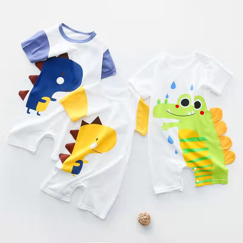 [AMI Kids]Baby Short-Sleeved Romper Summer Thin Dinosaur Print Cotton Jumpsuit Children Cartoon Boys Girls Four-Cornered