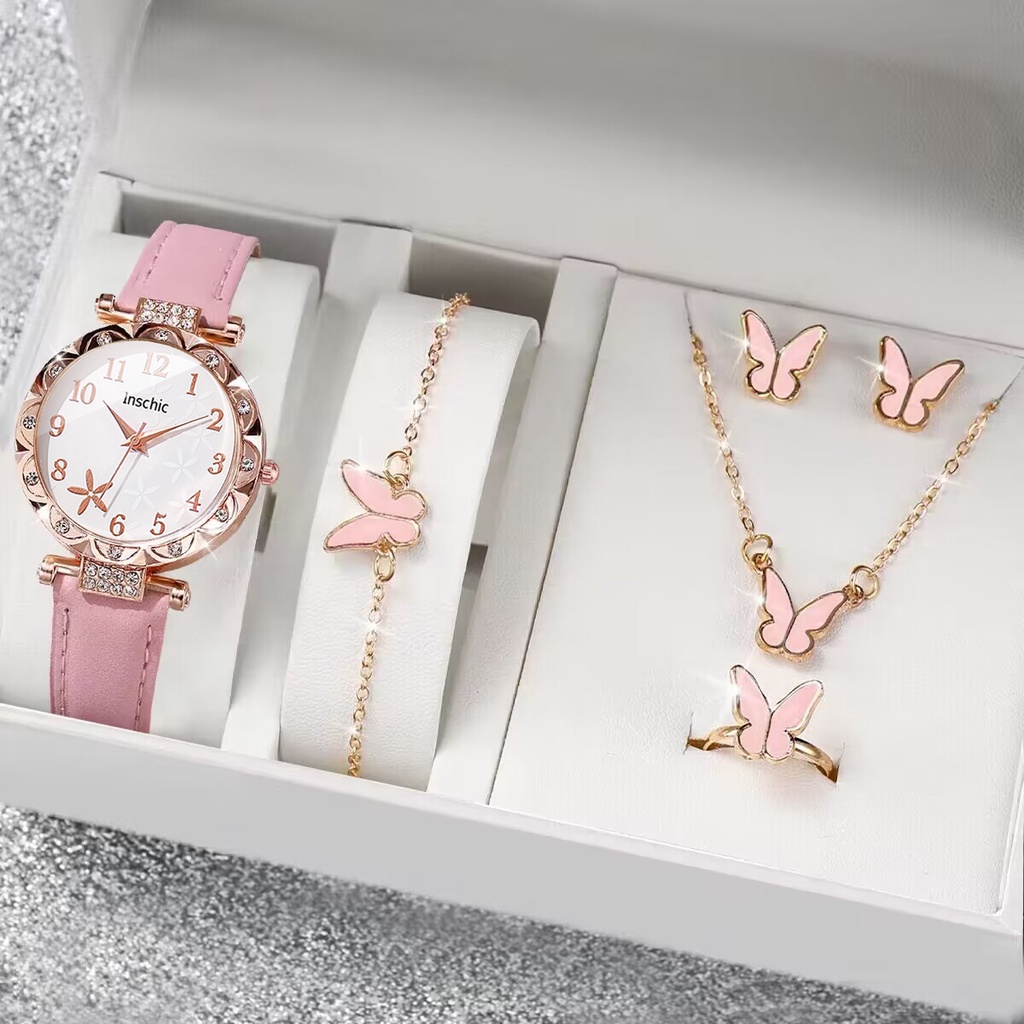 Fashion Flower Women Watch Jewelry Set In Black Pink White Quartz Timepiece Leather Band Casual Wristwatch For Valentine's Day Lunar New Year Gift