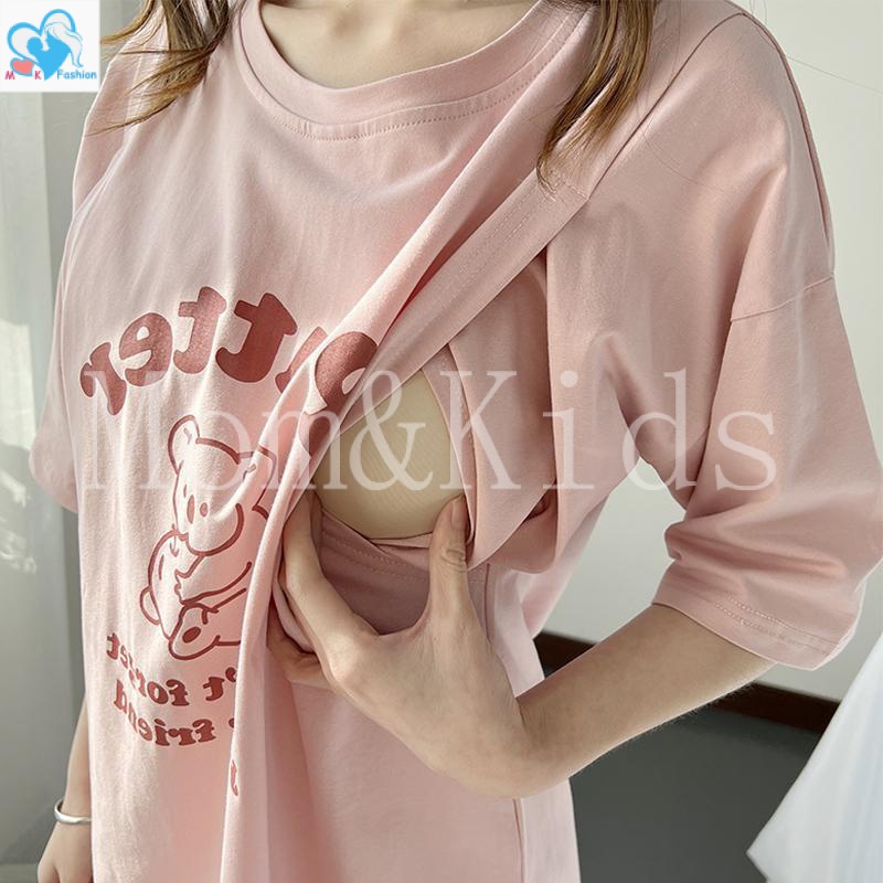 Mom&Kids Ready Stock Postpartum Summer Short-Sleeved Mid-Length Nursing Dress Nursing Clothes Nursing Tops Loose Maternity Pajamas Nursing Pajama