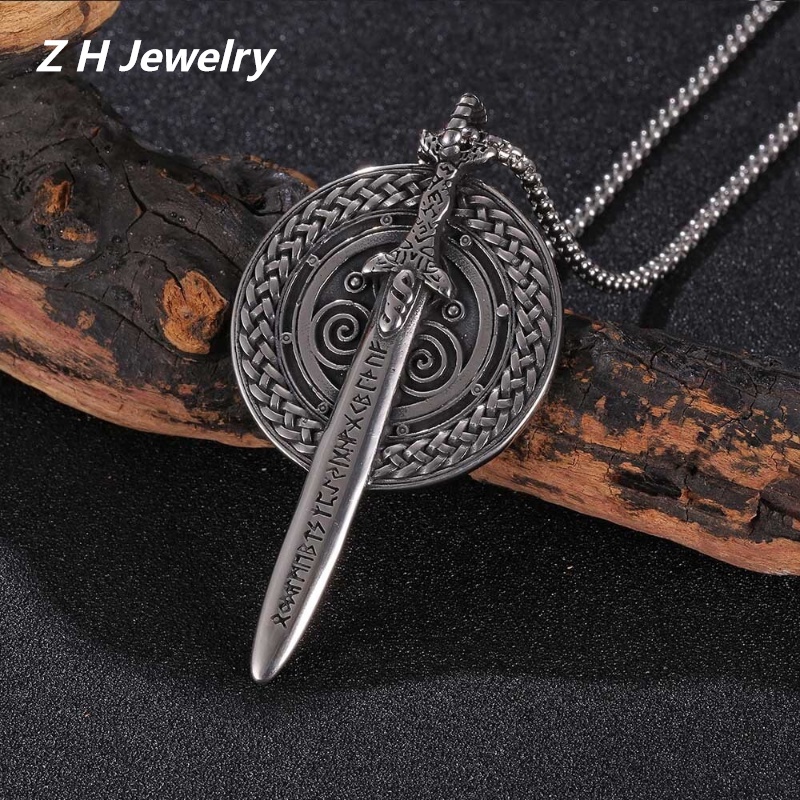 [Z H Jewelry] Vintage Viking Warrior Sword Shield Hip Hop Pendant Men's and Women's Fashion Stainless Steel Necklace Punk Party Rock Jewelry Accessories