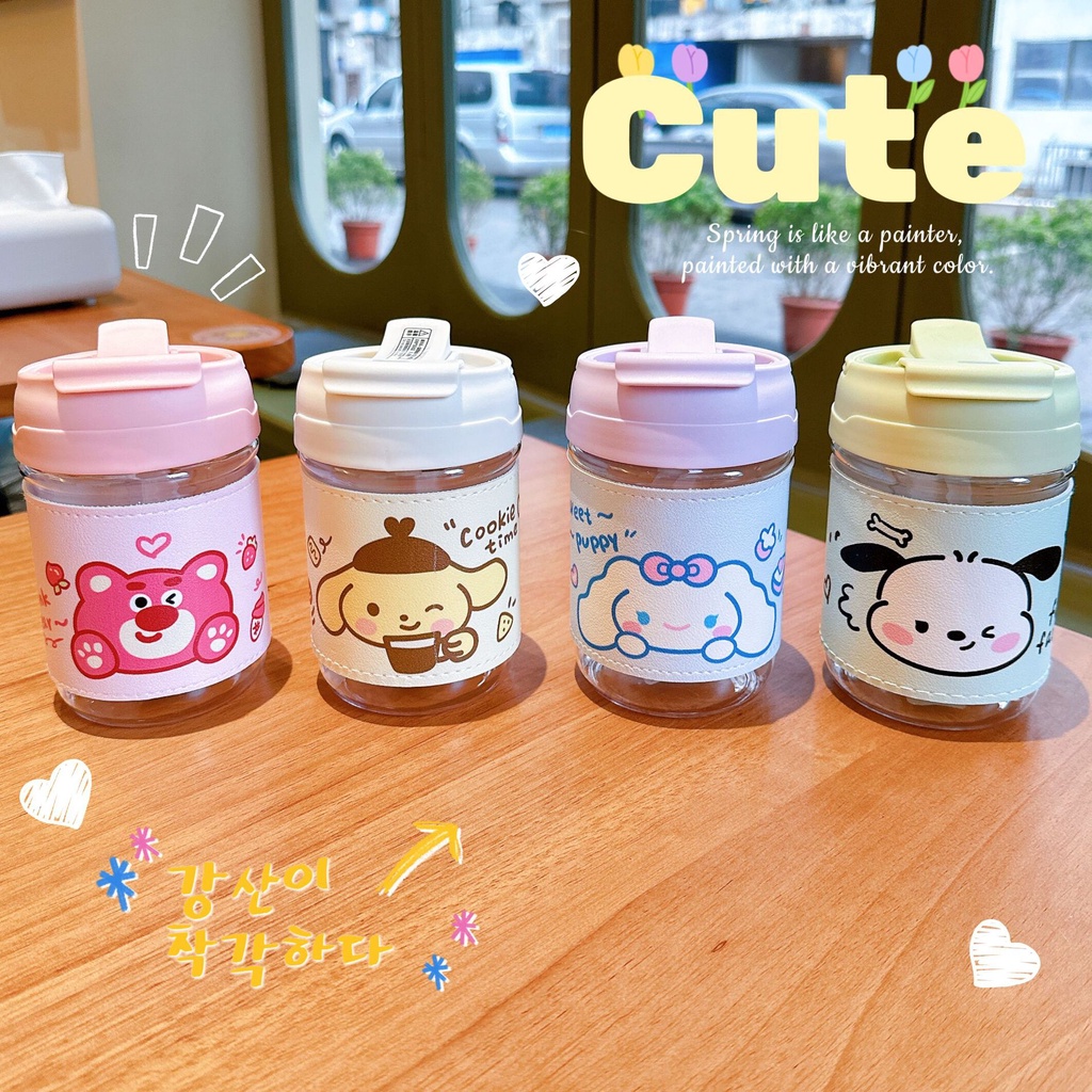 500ml New Cute Strawberry Bear Plastic Cup Portable Anti-scald Student Water bottle Girls High-value Cartoon Double Drink Straw Cups