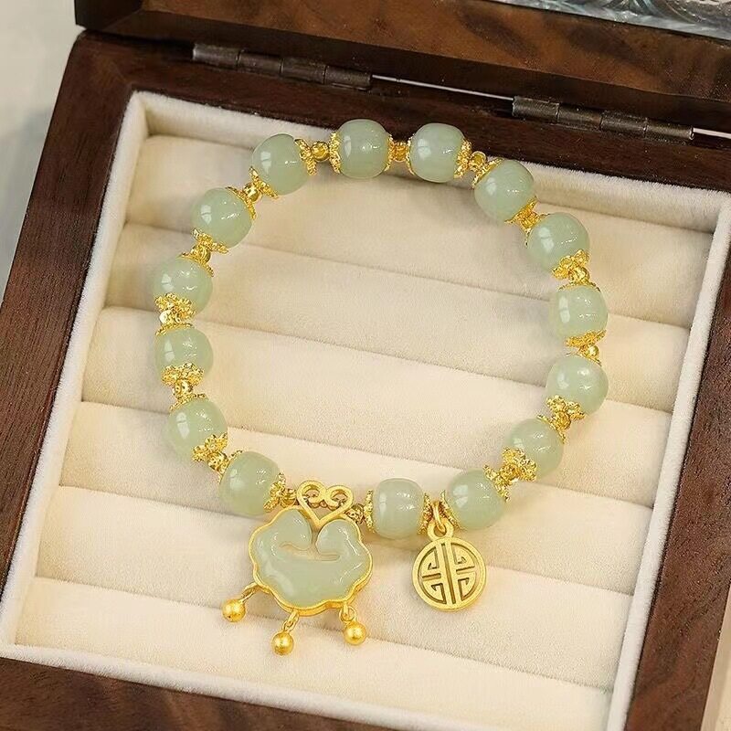 SSA Jade Peace Lock Gold Pendant Charm Bracelet 平安锁和田玉手串