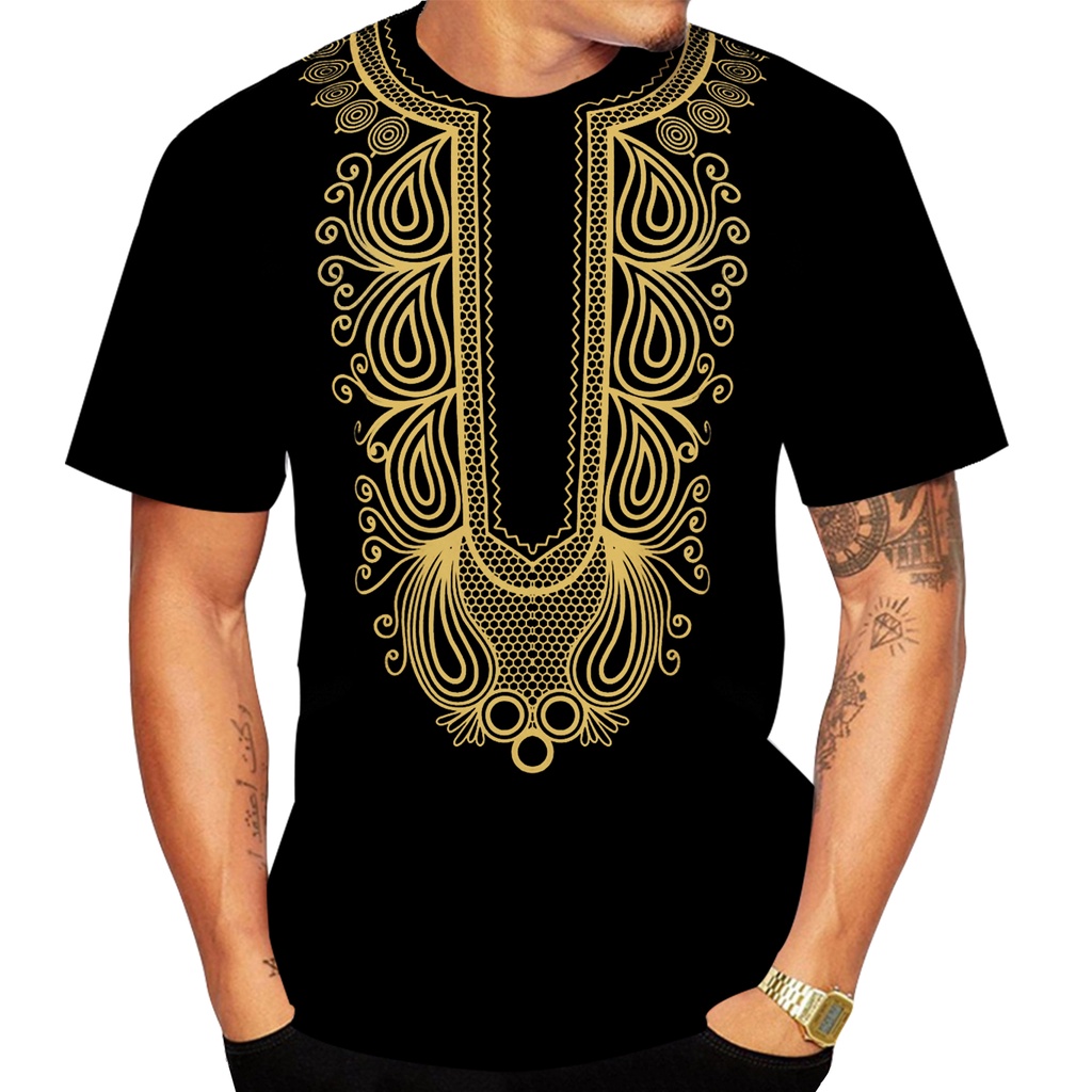 Fashion Men's T Shirt African Style Gold Stamping 3d Print Casual Short Sleeve Loose Oversized Tshirts For Top Clothing Camise