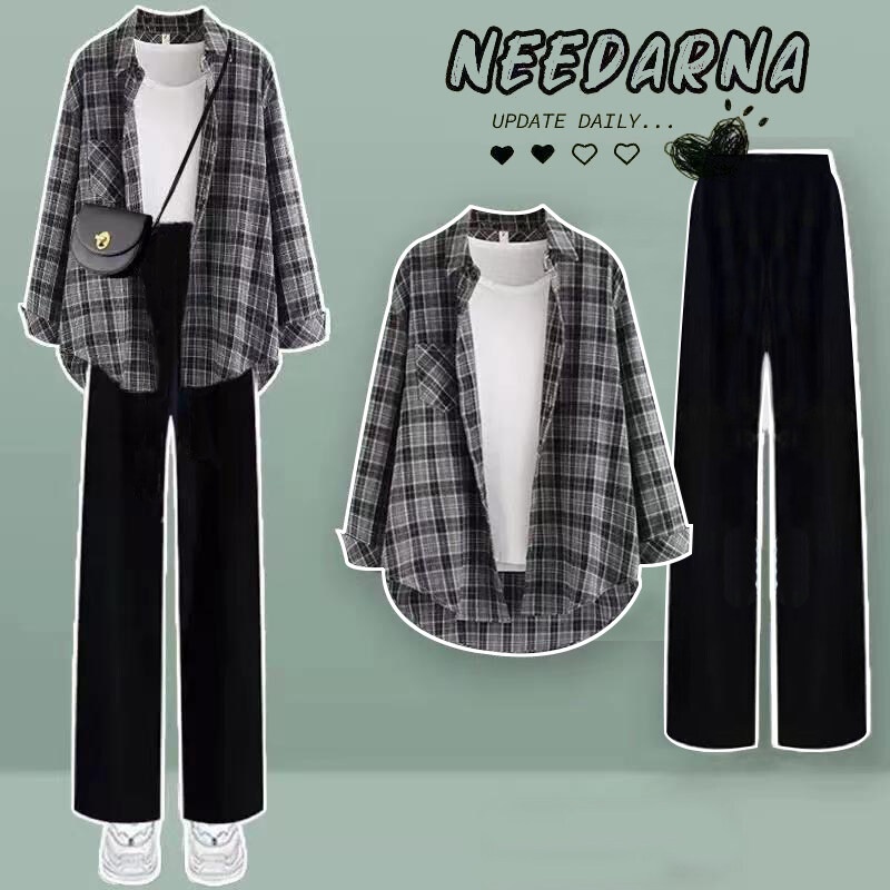 3PCS / Single Korean Style Outfits for Women Set Wear Retro Plaid Long-sleeved Blouse Short-sleeved T-shirt Wide-leg Casual Pants Females Students Casual Woman Wear