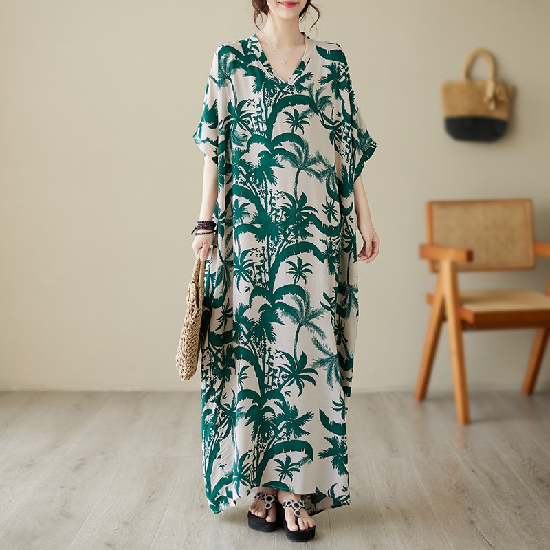 Wanita Summer Green Floral Cotton and Linen Premium Baju Kaftan Short Sleeved Temperament Beach Dress Vacation Style Travel Dress