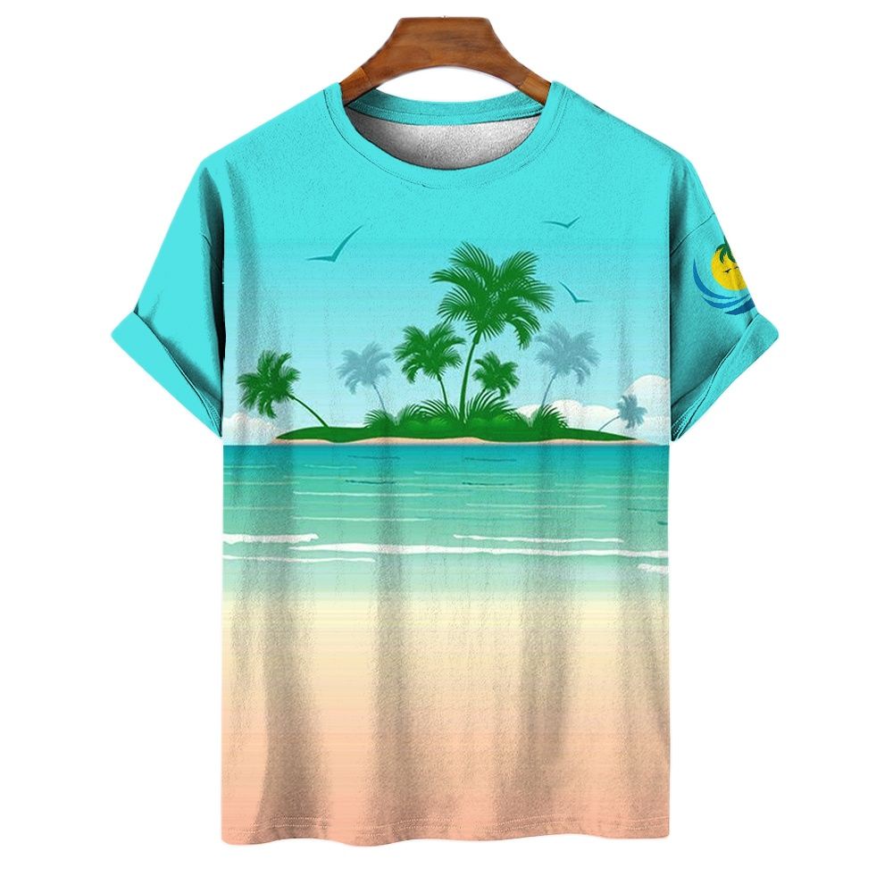 Summer O-neck Short Sleeve Holiday Top Men's Hawaiian Style T-shirt Casual T-shirt Harajuku Coconut Tree Print Loose fitting Men's Clothing