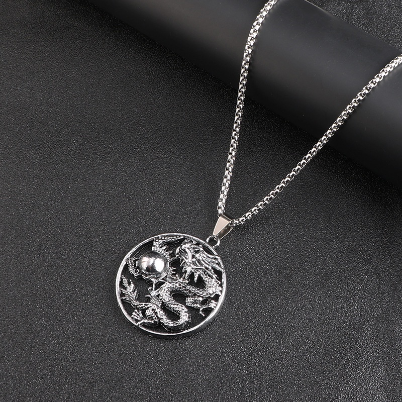 Hip Hop Men's Stainless Steel Hollow Dragon Playing Bead Pendant Necklace For Men (Non Tarnish)