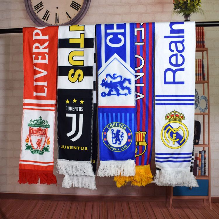 Football Fans cheering scarves Real Madrid Barcelona Juve Liverpool Arsenal Manchester City World Cup Spain Brazil Scarves