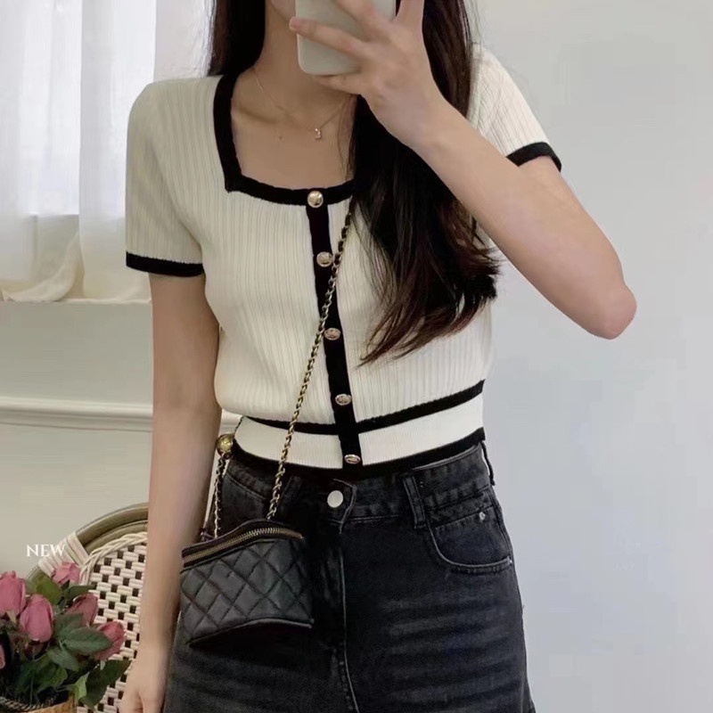 Elegant Square Neck T-Shirt Short-Sleeved Knitwear Women Thin Summer Top