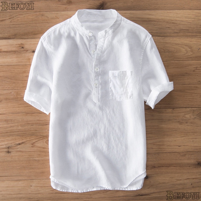 ?? Local Delivery? Men's Shirt Linen Kemeja Lelaki Casual T shirts Kurta Short Sleeved Raya Plain Lelaki Baju Berkolar Tops Plus Size