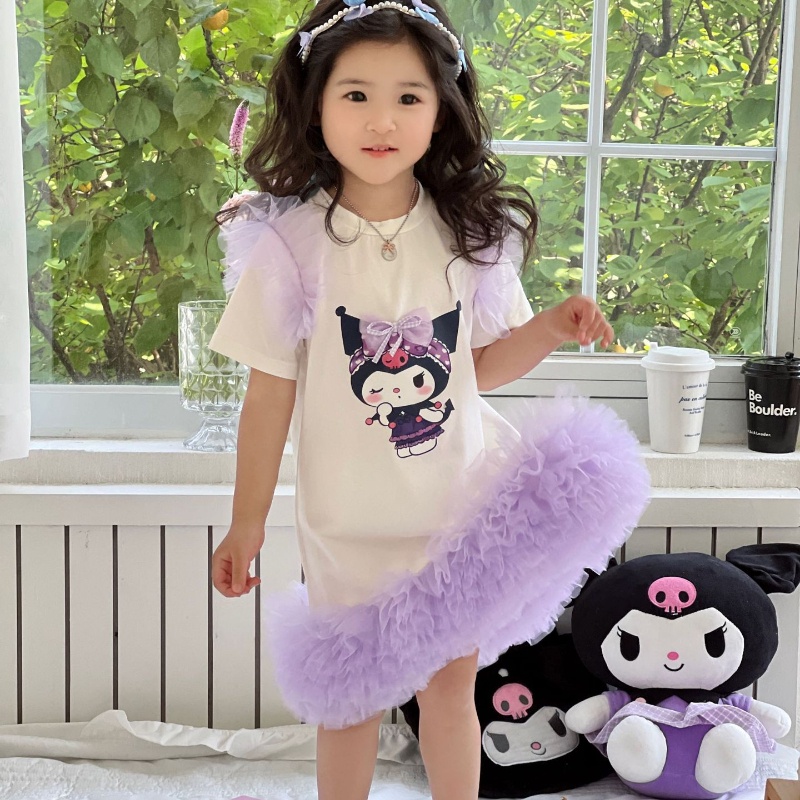 Girls Princess Dress Summer Purple Tutu Skirt Needle Thin T-shirt Cartoon Kuromi Printed with Bow-tie Kids Clothing