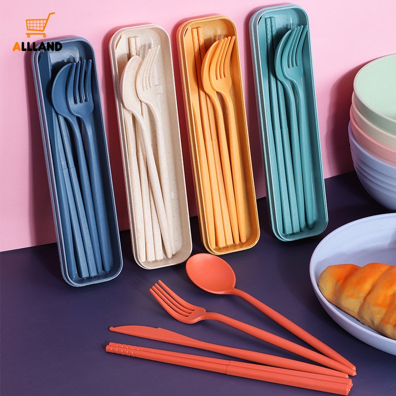 4Pcs/Set Eco-friendly Wheat Straw Spoon Fork Chopsticks Cutlery/ Children Adult Travel Portable Tableware Box