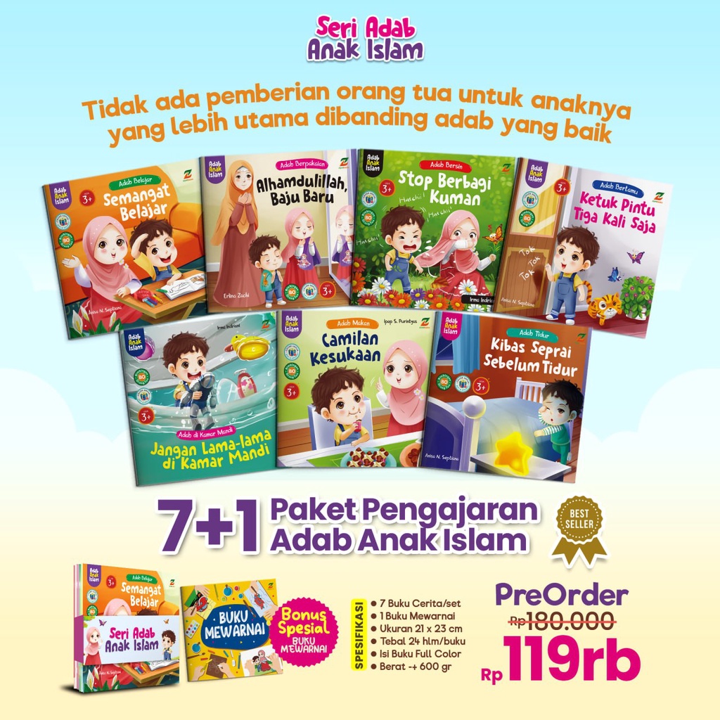 Islamic Manners Series Children's Book 7 Books + Bonus Coloring Book (Ziyad)