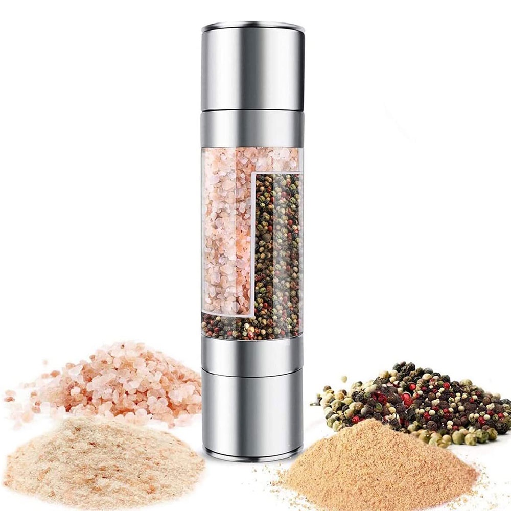 2 in 1 Manual Stainless Steel Refillable Salt Pepper Mill Herb Spice Grinder Shakers with Ceramic Rotor