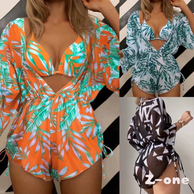 3 Pieces Bikini Tropical Print Swimsuit Halter Drawstring Side Swimwear Women 2023 Bathing Suit Female Swimming Summer Beachwear