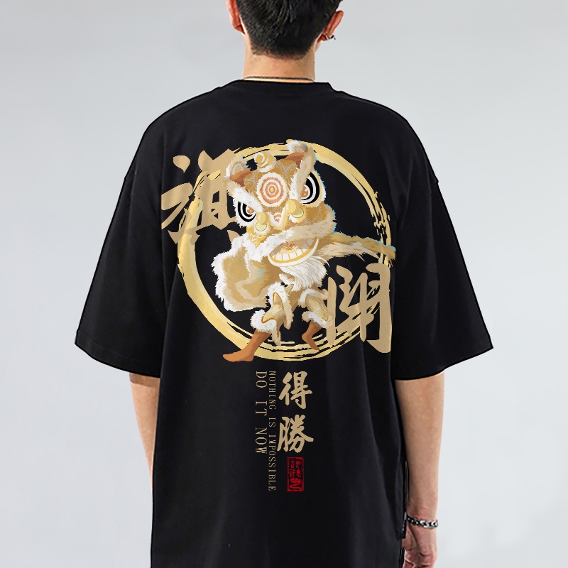 Summer menswear Fashion Chinese Traditional Lion Dance Print T-shirt M-5XL Oversized Clothing Men's Round Neck Short Sleeve T-shirt Unisex Loose Black White Couple Shirt Top