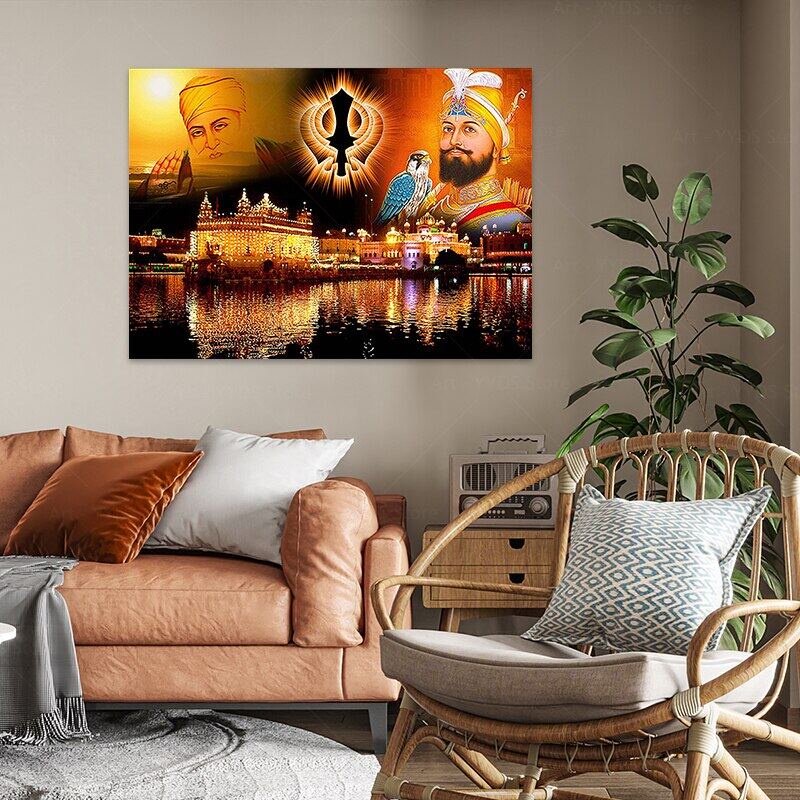 Guru Gobind Singh Ji and Guru Nanak Dev Ji with Eagle Poster Den Temple Canvas Wall Decor Sikh Symbol Kandha Picture Prints