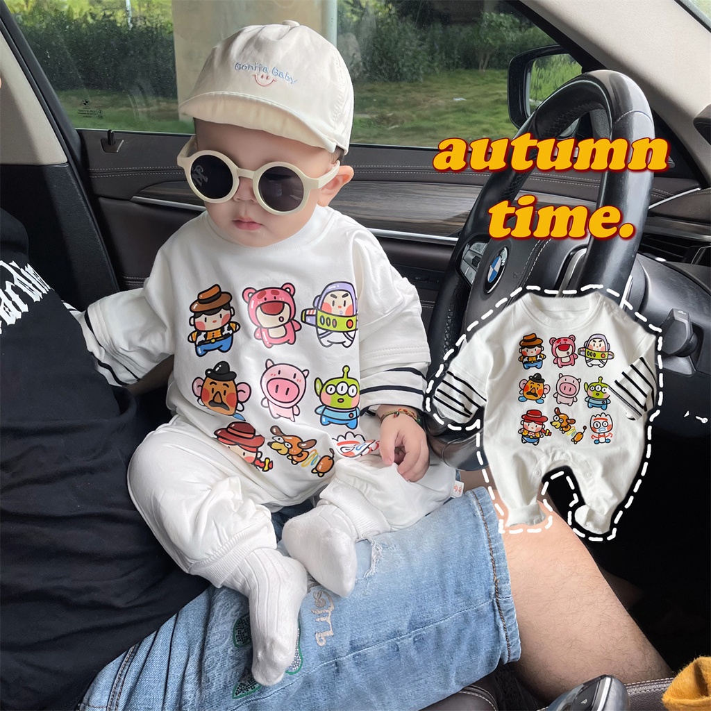 Korean Style Loose Boys and Girls Baby Cartoon Cute Fun Robot Striped Autumn and Winter Long Sleeve jumpsuit