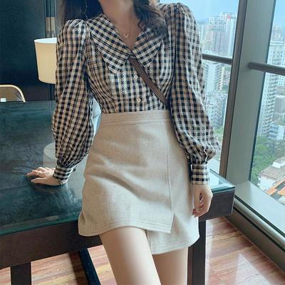 Thai Pattern Lantern Sleeve Plaid Shirt Casual Retro Female Korean Style Doll Collar Long