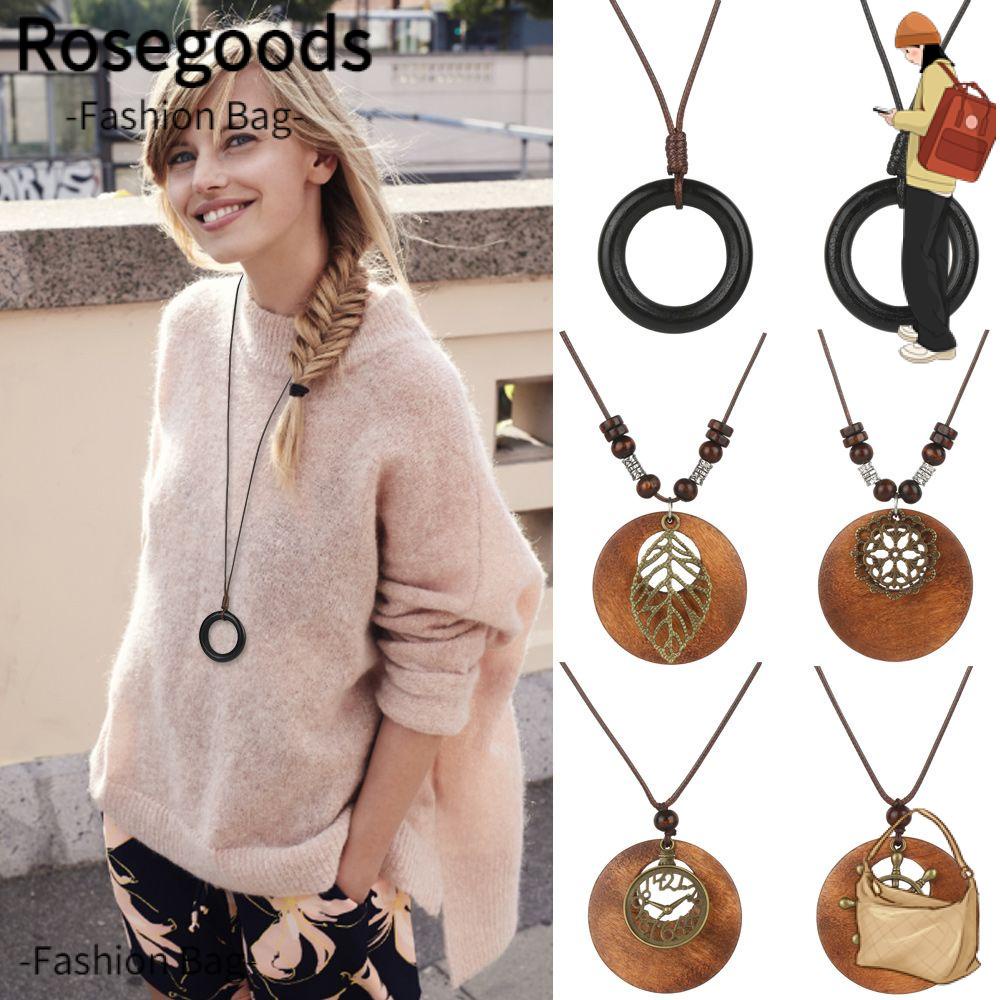 ROSEGOODS Sweater Chain Wooden Gifts Vintage Leather Lanyard Neck Accessories Collar Decoration Sweater Necklace