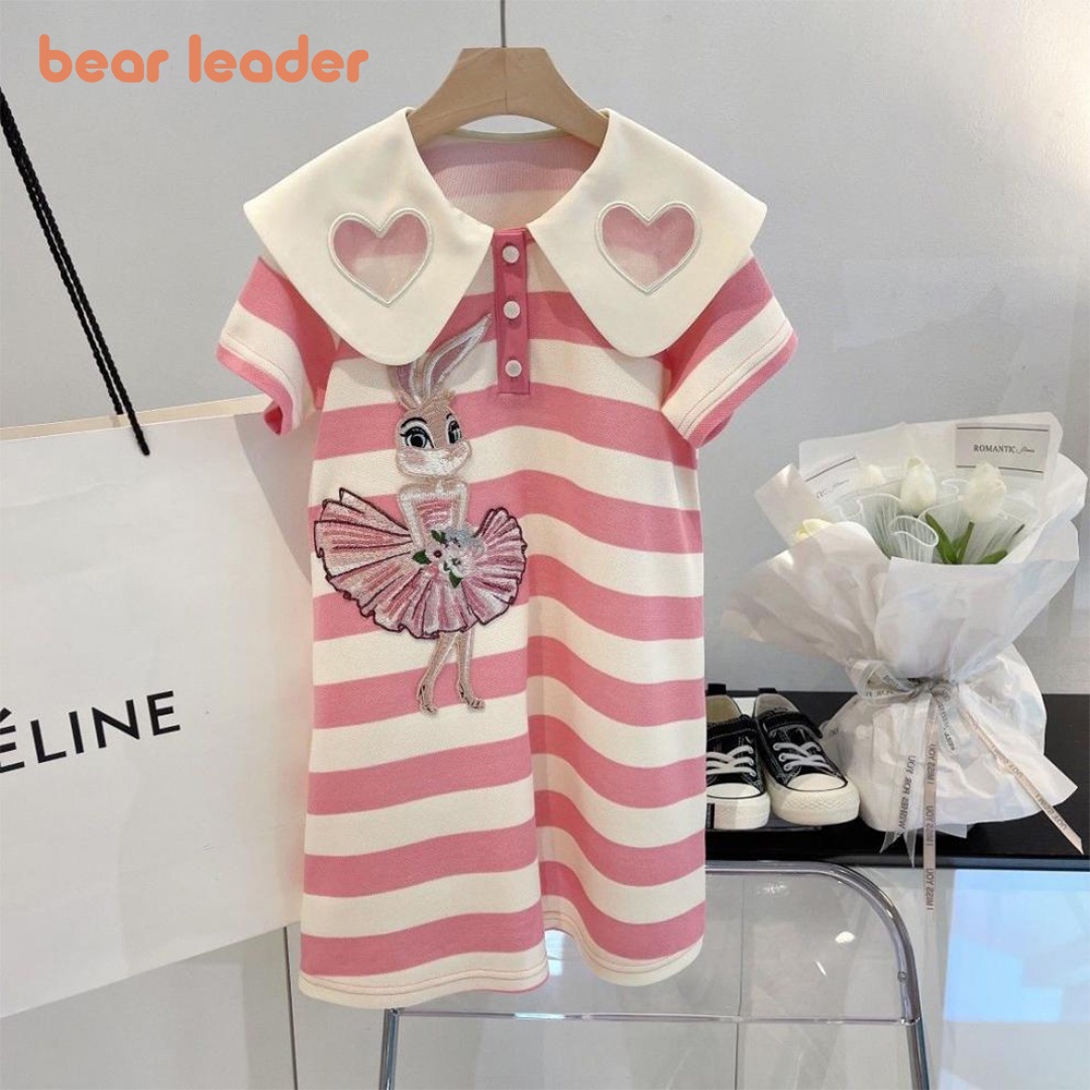 Bear Leader Childrens Dress 2024 Summer New Childrens Fashionable Little Girl T-shirt Dress Doll Neck Striped Princess Dress 2-8 Years Old Girls Clothing