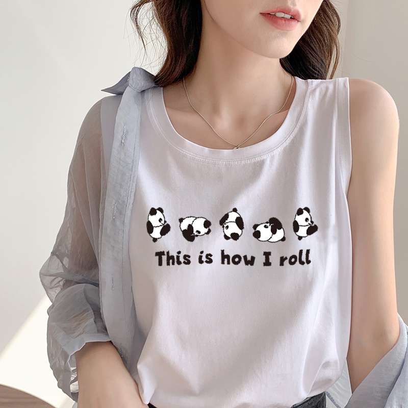 Panda This is how i roll women summer new sleeveless t-shirt loose cotton printing casual students tee