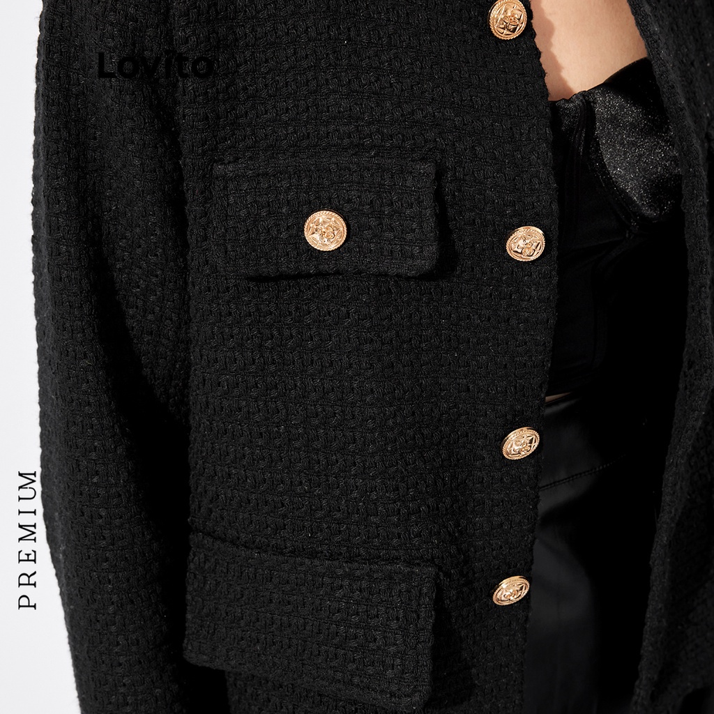 Purpose Quality Lovito Elegant Plain Round Neck Button Women Jacket L32FW095 (Black) - Image 2