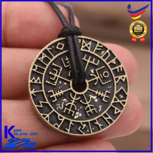 Vintage Punk Nordic Viking Rune Compass Pendant Necklace in Stainless Steel Pagan Amulets