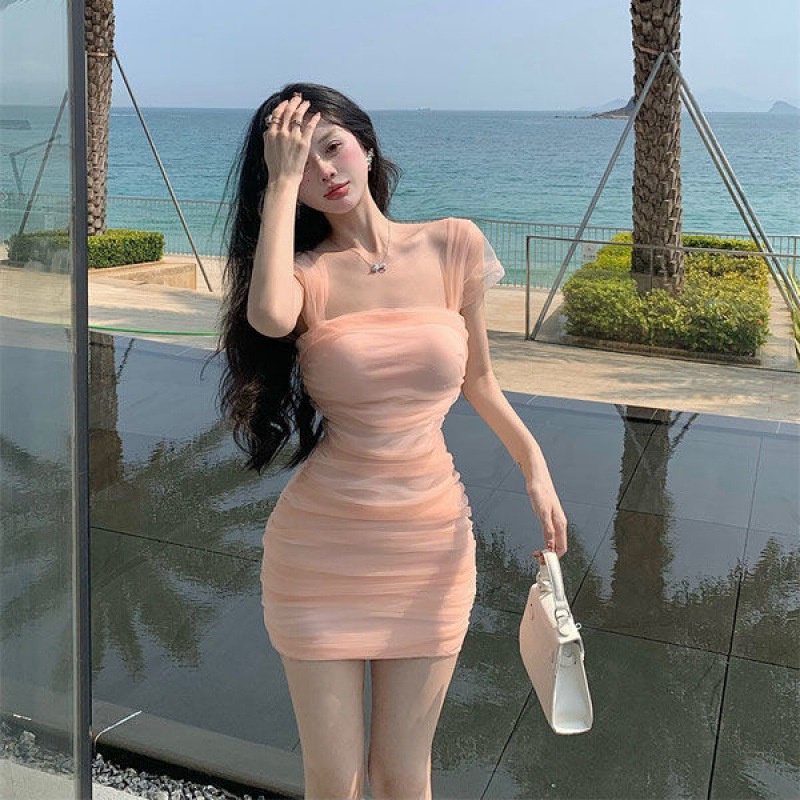 Pure Desire Style Mesh Stitching Pleated Suspender Dress Women's Spring and Summer Hip Skirt Slim Fit Hot Girl Skirt