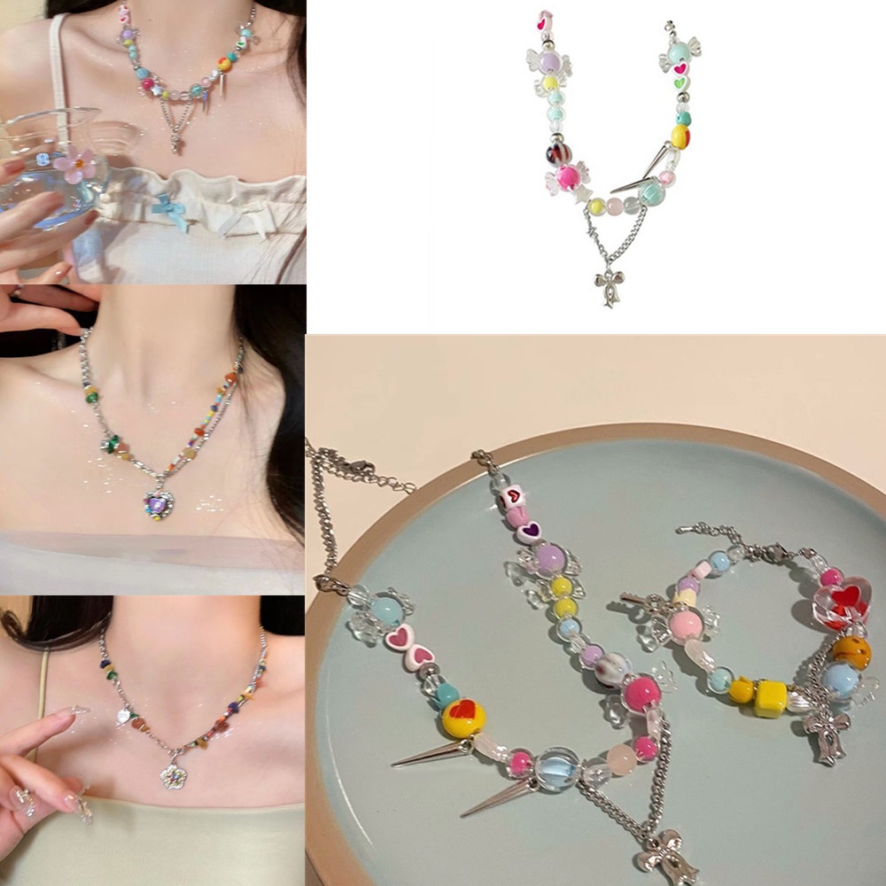 Y2k Star Heart Pendant Rainbow Floral Beads Necklace Bracelet Sweet Girls Summer Colorful Beaded Clavicle Chain Jewelry