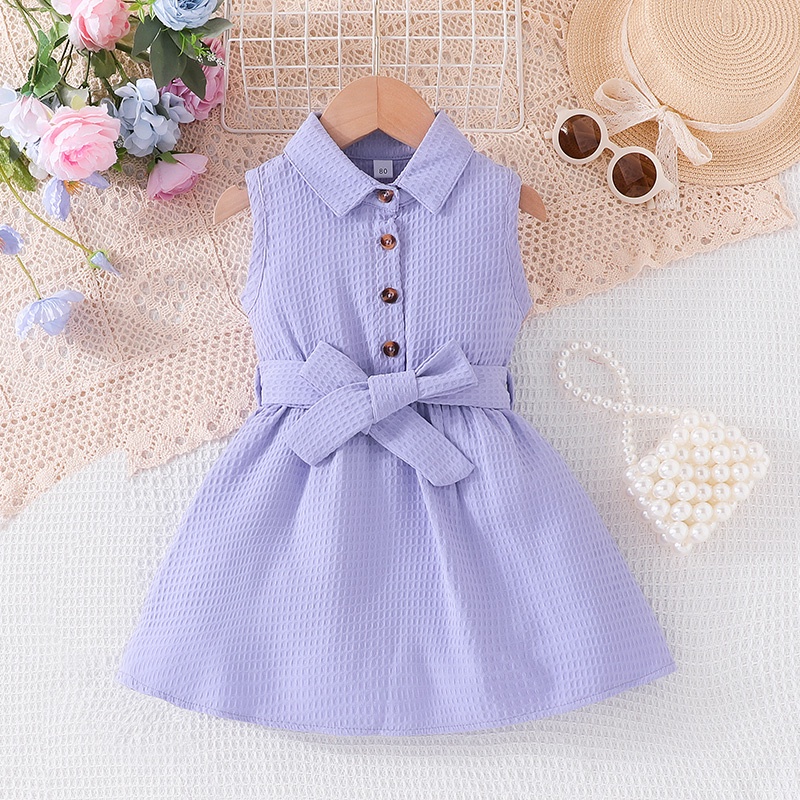 Korean Style Gaun Baby Girl Princess Purple Waffle Plaid Style 1 -6 Tahun Summer Sleeveless Dress Baju Kanak Kanak Perempuan Kids Birthday Party Dress Baju Budak Perempuan