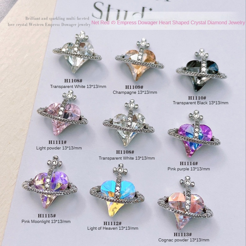 internet celebrity Empress Dowager West Heart Shaped Crystal Nail Art Jewelry / Retro Dark Style Crooked Peach Heart Diamond Nail Art Jewelry / Alloy Silver Nail Decoration Diamond