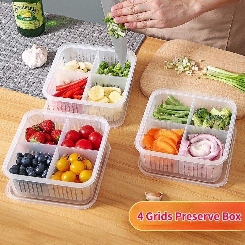 Eco-friendly Kitchen Storage Tool Fruit Vegetable Fresh-keeping Box Sealed Refrigerated Food Container Snack Spice Sub-Packed Boxes Four Girds Design Draining Case