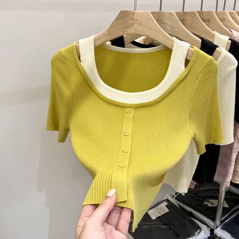 LYY Family Women Knitwear Women Short-Sleeved Summer 2023 New Style Unique Fake Two-Piece Short Top Women