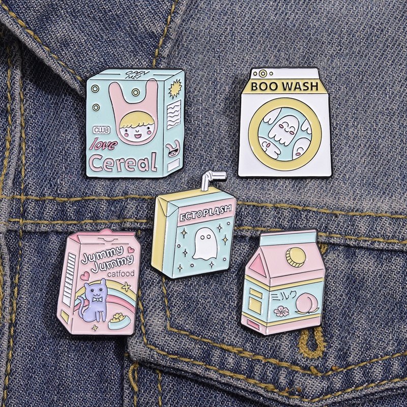 Cartoon Milk Box Cat Ghost Enamel Pin Spooky Colorful Love Cereal Badge Jewelry Custom Lapel Shirt Backpack Friend Kids Gift