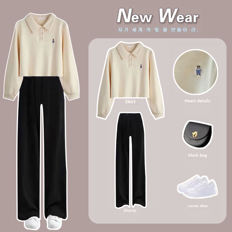 2PCS/Single Females Students Loose Blouse Short Crop Top Square Collar Wide Legged Pants Elastic Waist One Set Outfit Women Korean Style