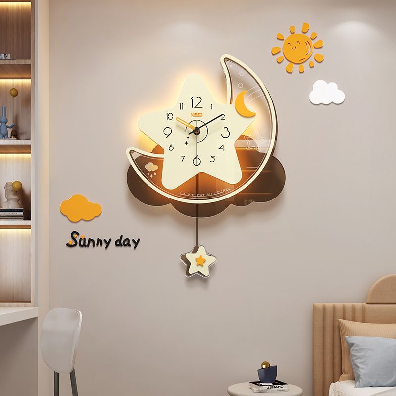 Wall Clock Star Decoration Living Room Swing LED Luminous Moon Large