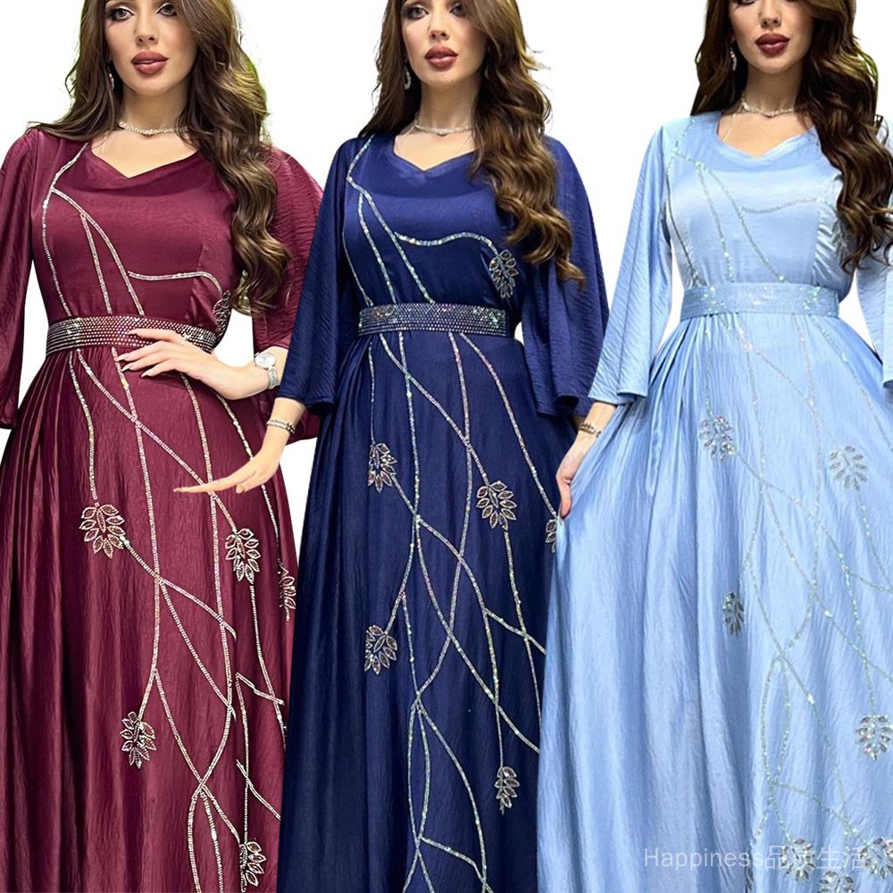 ✨24 Hours Delivery✨Middle East New Style Women's Tassel Sequined Leaf Pattern Dress Muslim Arabian Robe