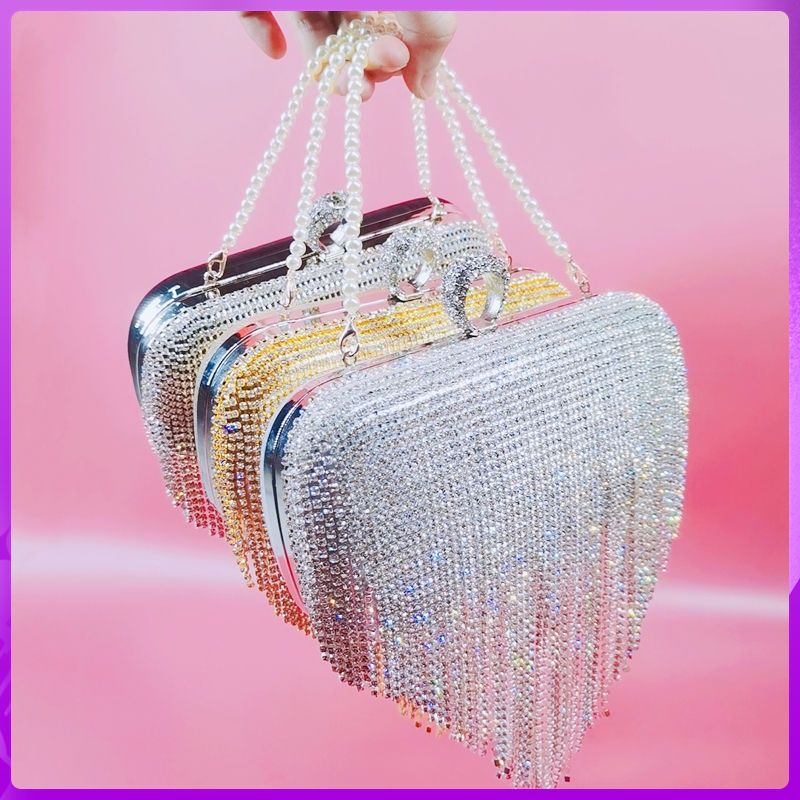 Ready Stock Luxury Women's Tassel Dinner Shining Handbag with Diamond Party Evening Women Bags