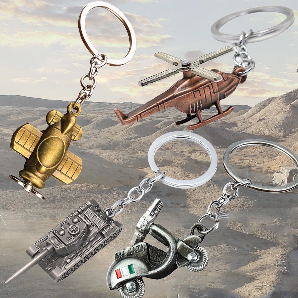 Creative Simulation Aircraft Tank Keyrings Vintage Electric Motorcycles Model Keychains Handbag Ornaments Car Key Chain Souvenir