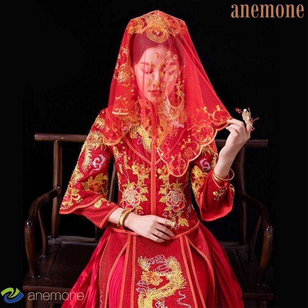 ANEMONE Bride Veil Women China Traditional Bride Headwear Wedding Head Covers Red Veil Scarf Ancient Wedding Accessories Phoenix Bridal Headwear