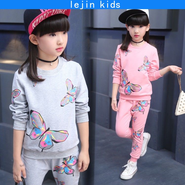 Baju Budak Perempuan Fashion Girls Sports Suit Butterfly Long Sleeve Sweater 2pcs Sets Outfits Cotton Casual Clothes Tshirts Long Pants Set Childrens Clothing