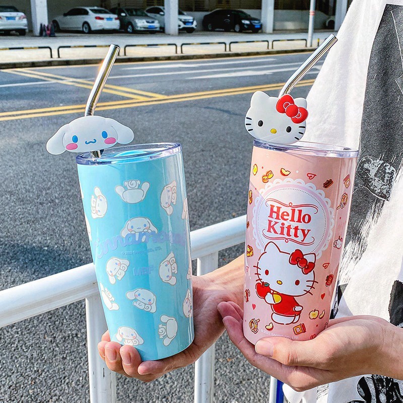 Cute Sanrio Water Bottle with Straw 600ml Tyeso Tumbler 304 Stainless Steel Thermos Bottle Coffee Cup Mug Kuromi Melody Hello Kitty Strawberry Bear Water Cup